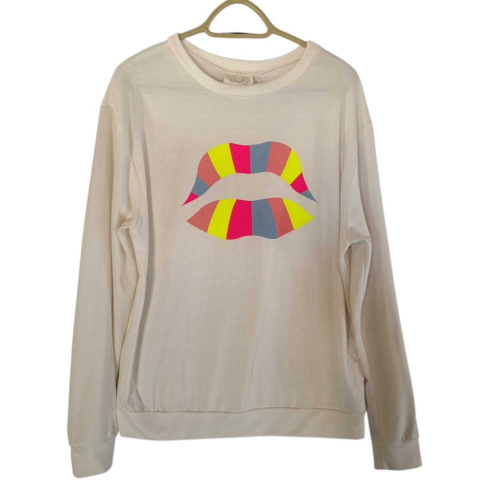 Fantastic Fawn Rainbow Lips Graphic Lightweight Pullover Sweatshirt White Small
